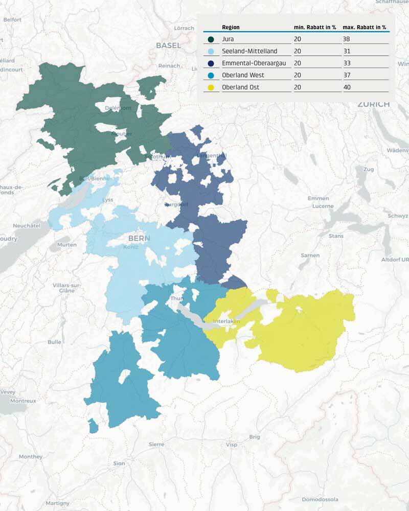 Das BKW Versorgungsgebiet wird in fünf Regionen mit unterschiedlichen Rabatthöhen eingeteilt. Grafik © BKW