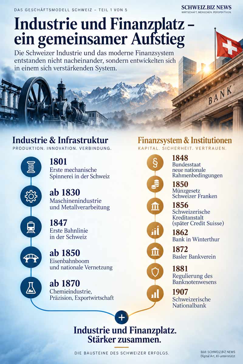 Industrie und Finanzplatz. Stärker zusammen | Bild: SCHWEIZ.BIZ NEWS · Digital Art · KI-unterstützt