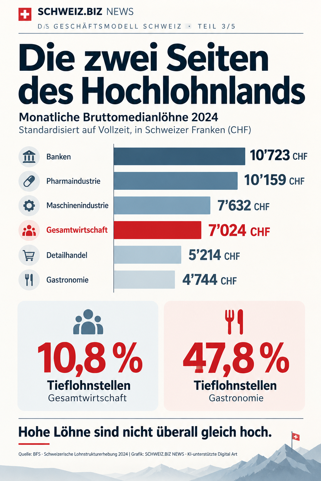 Die zwei Seiten des Hochlohnlands Schweiz, Visual: SCHWEIZ.BIZ NEWS, Digital Art, KI-unterstützt