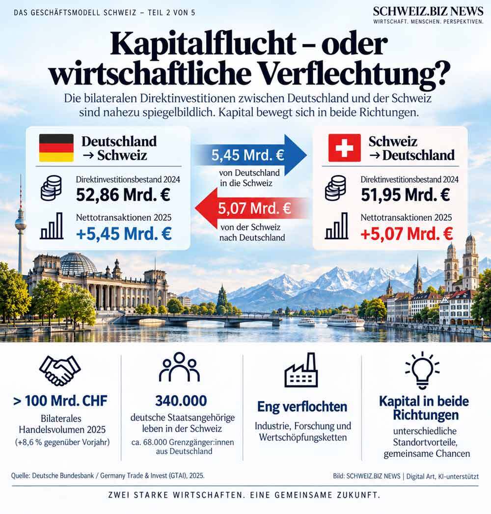 Kapitalflucht oder wirtschaftliche Verflechtung? - Bild: SCHWEIZ.BIZ NEWS | Digital Art, Ki-interstützt